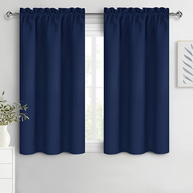 DWCN Kitchen Curtains for Small Windows 45 inch Long 2 Panels Set, Navy Blackout Room Darkening Short Drapes for Bedroom, Rod Pocket Thermal Insulated Window Treatment (W38 x L45 Inch, Navy Blue)