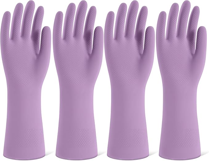 Rubber Cleaning Gloves for Dishwashing, 4 Pairs Reusable Kitchen Gloves for Washing Dishes and Household Cleaning, Purple Dish Gloves with Flocked Lining and Non-Slip Grip, Pefect for Woman Men - L