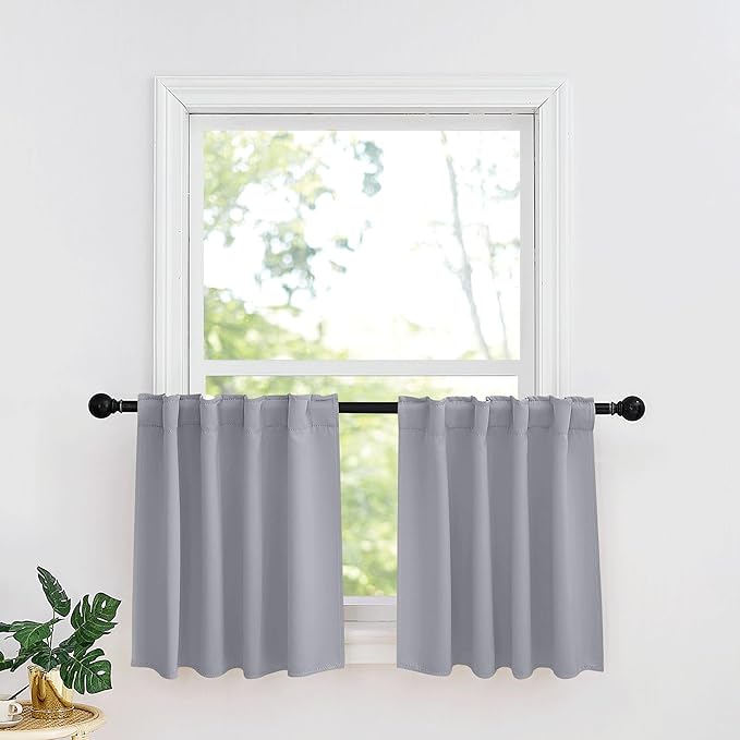 RYB HOME Kitchen Window Curtains - Blackout Privacy Half Window Curtains for Bedroom Bathroom Dining Living Room Cafe Office Short Tiers Drapes, W 34 x L 36 inches, 2 Panels, Silver Grey