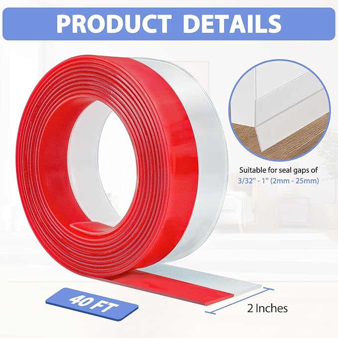 Weather Stripping Door Draft Stopper Flexible Self Adhesive Silicone Door Seal Strip for Glass Doors Windows and Shower Glass Gaps, 2 Inch Wide X 40 Feet Long, Clear