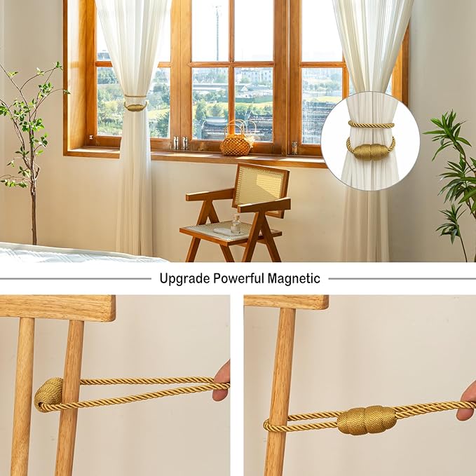 Magnetic Curtain Tiebacks Rope Curtain Tie Backs for Curtains 2 Pack Curtain Holders for Drapes Decorative Window Curtain Holdbacks, Gold