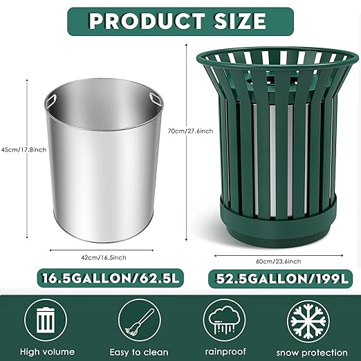 Round Heavy Duty Outdoor Trash Can, Large Metal Slatted Garbage Can for All Weather Resistant, Commercial Garbage Cans, Waste Receptacle in Park, Beach, Patio (Green, Large)