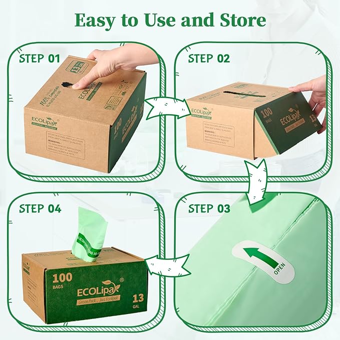 ECOLipak 13 Gallon Compostable Trash Garbage Bags, 100 Count (2 Rolls) Biodegradable Heavy Duty Bathroom Kitchen Trash Bags for Home/Office, US BPI ASTM D6400 and OK Compost Home Certified