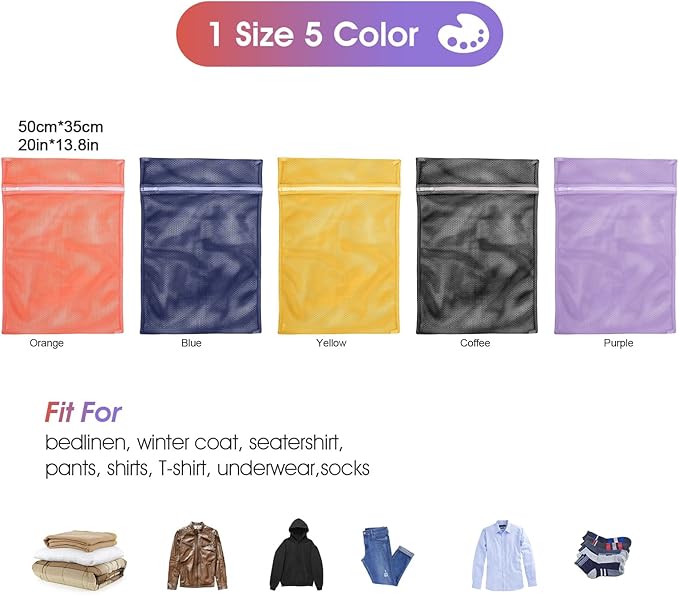 5Pcs Mesh Laundry Bags Sturdy for Delicates, Lingerie, Bras, Travel and Organize - 5 Color(14x20 Inch)