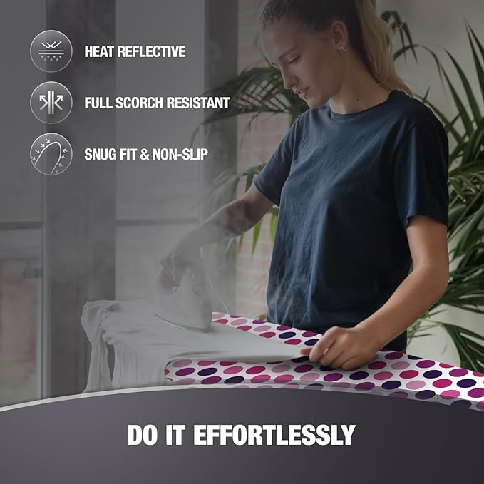 Extra Thick Ironing Board Covers with Pad Standard Size 15x54, Heat Reflective Full Scorch Resistant Padding, Snug Fit Non-Slip Nose Pocket Fastener Straps Elastic Edges, Polka Dots