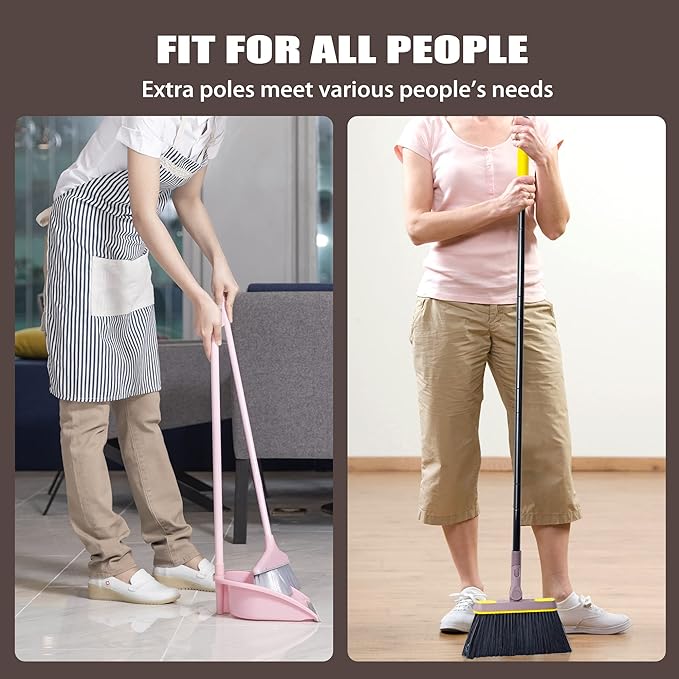 JEHONN Broom with Dustpan Combo Set, Long Handle Lightweight 180 Degree Rotating Sweeping Brush Indoor, Upright Standing Dust Pan with Comb Teeth for Home Room Kitchen Office Lobby (Brown Yellow)