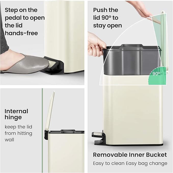 Cesun Small Bathroom Trash Can with Lid Soft Close, Step Pedal, 6 Liter / 1.6 Gallon Stainless Steel Garbage Can with Removable Inner Bucket, Anti-Fingerprint Finish (Creamy White)