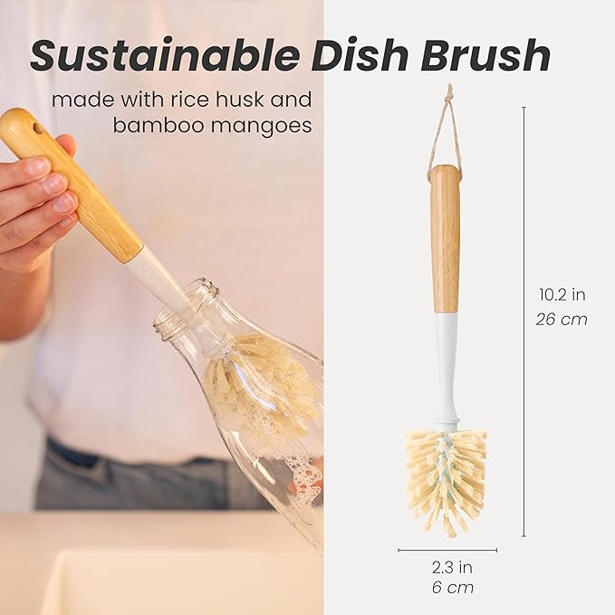 Vigar Zeroline 10.2" Long Bamboo Dish Brush, Ideal Dish Brush for Cups, Wine Glass, Tumbler, Blender Bottles, and Glass Water Bottles for The Kitchen
