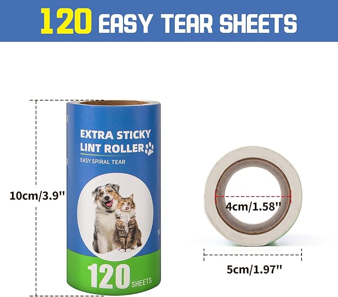 Extra Sticky Lint Roller Refills 10 Pack (1200 Sheets) fit 3.8"-4" Standard Size Lint Roller Sticker with Inner Diameter at 1.5" for Pet Hair, Clothes, Furniture, Cars, No Handle Included