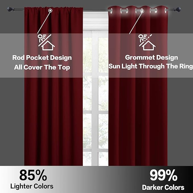 RYB HOME Small Window Curtains - Room Darkening Windows Coverings Light Block Energy Efficiency Solid Drapes for Bedroom Kitchen Dining Kids Nursery Cafe, W 42 x L 45, Burgundy Red, 2 Panels