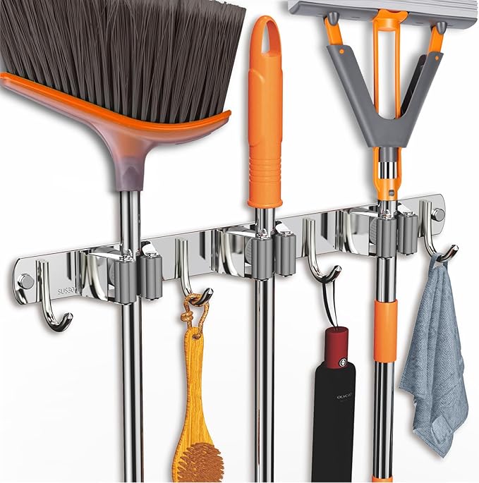 2 Pack Mop and Broom Holder Wall Mount, Non-slip Broom Hanger, Heavy Duty Mop Broom Organizer for Kitchen Garden Garage Laundry Room Wall Decor Organization and Storage Silver 3R4H