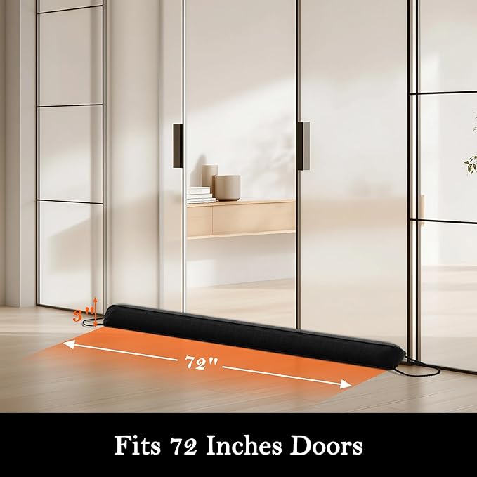 Sunolga 72" Door Draft Stopper Blocks Hot and Cold Air with Removable Washable Cover for Gaps Up to 3", All-Season Seal for Noise, Wind, Under Door Sweep for Bottom of Door, Home Essentials, Black