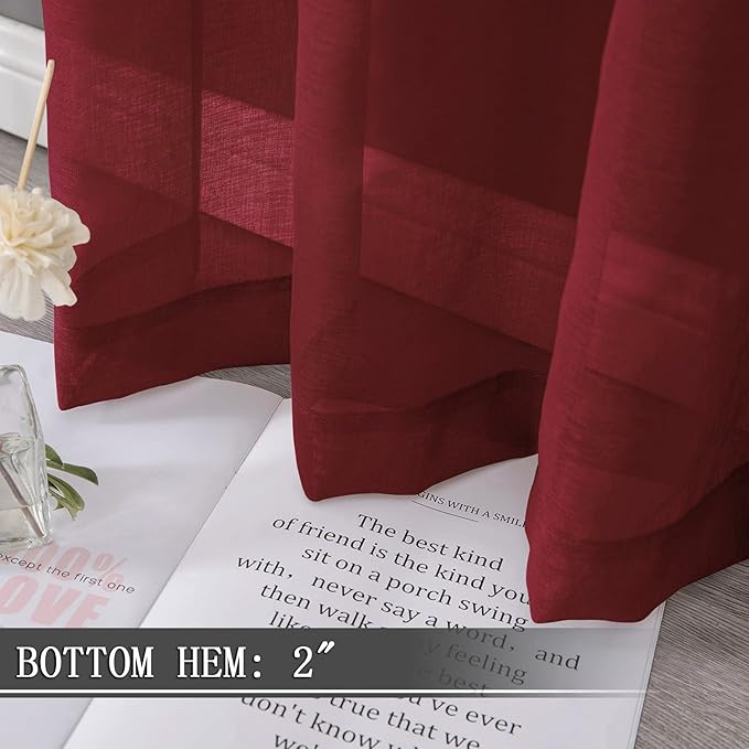 Tollpiz Sheer Curtain Linen Textured Living Room Curtains Sheer Light Filtering Rod Pocket Voile Curtain for Bedroom, 54 x 72 inches Long, Burgundy Red, Set of 2 Panels