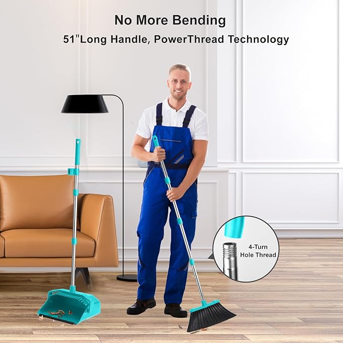 Upgrade Broom with Dustpan Combo Set, Broom and Dustpan Set with 51'' Long Handle, Large Upright Brooms and Dust Pans, ZeroGap Lip, Self-Cleaning Dustpan Teeth for Lobby and Restaurant - Blue