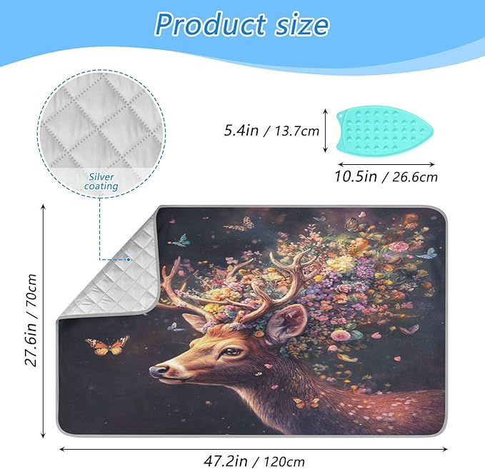 Deer with Butterfly Floral Ironing Mat Thickened Ironing Blanket Travel Portable Double-Side Using Ironing Pad Travel Isolate Heat Pad Cover for Washer Dryer Table Top Countertop 27.6x47.2in