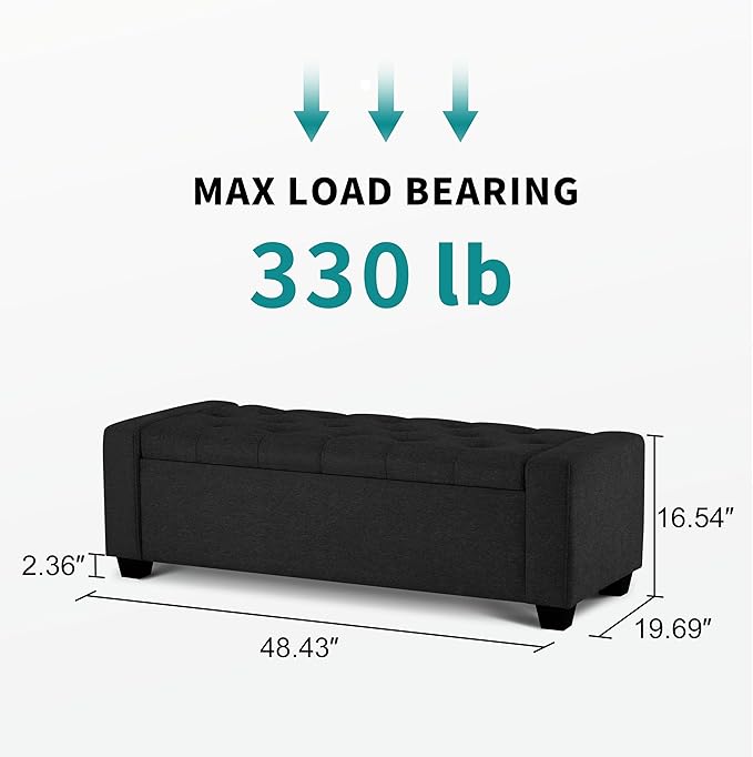 48" Ottoman with Storage, Black Storage Ottoman Bench with Safety Hinge, Upholstered Entryway Bench with Seating for Bedroom, Living Room, Holds up to 330 lb