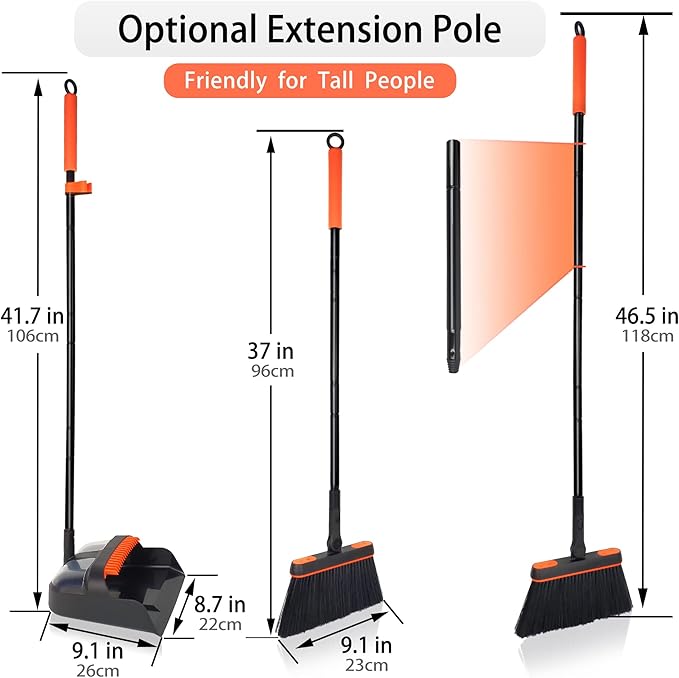JEHONN Broom and Dustpan Set for Home, Long Handle Lightweight 180 Degree Rotating Broom Set Indoor, Upright Standing Dust Pan with Comb Teeth, Store Sweep Set for Room Kitchen Office Lobby