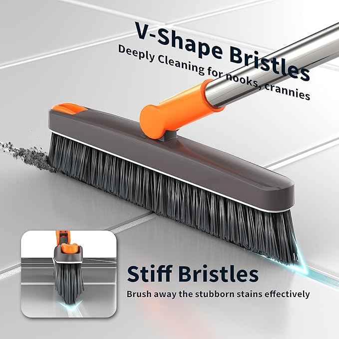 AIR U+ Grout Brush with Long Handle 180° Swivel Scrub Brush with Tweezers to Hair Clip V-Shape Grout Line Scrubber Stiff Bristles for Deep Cleaning Crevice, Tile Line, Shower, Kitchen, Corners