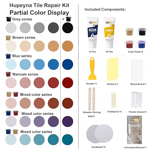 Tub, Tile and Shower Repair Kit (Color Match), Hupeyna Porcelain Repair Kit, Bathtub Repair Kit for Chips Dents Cracks Holes Scratchs, etc. Fiberglass Repair Set - Offer More Color Options