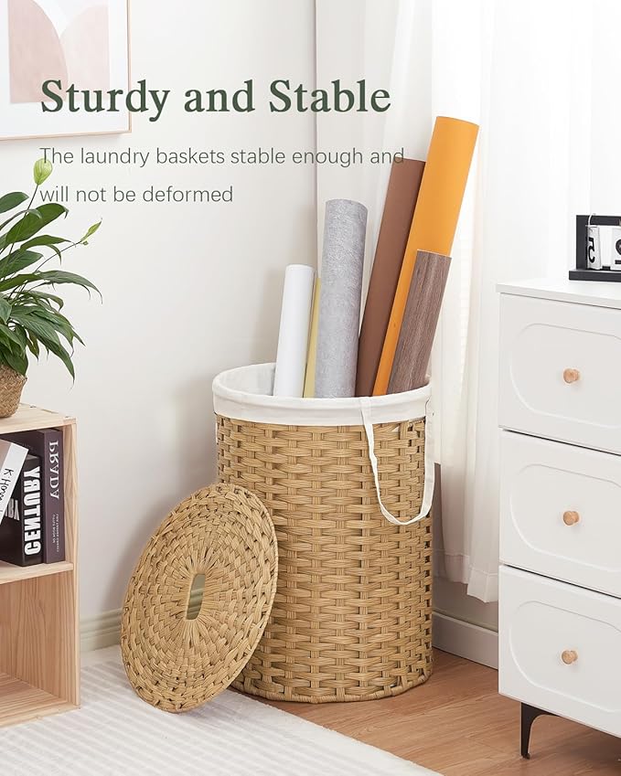 Laundry Basket with Lid Round Rattan Laundry Hamper with Lid and Handles 29.1 Gal (110 L) Handwoven Woven Basket with Removable Bags and 2 Mesh Bags for Bathroom Living Room Natural