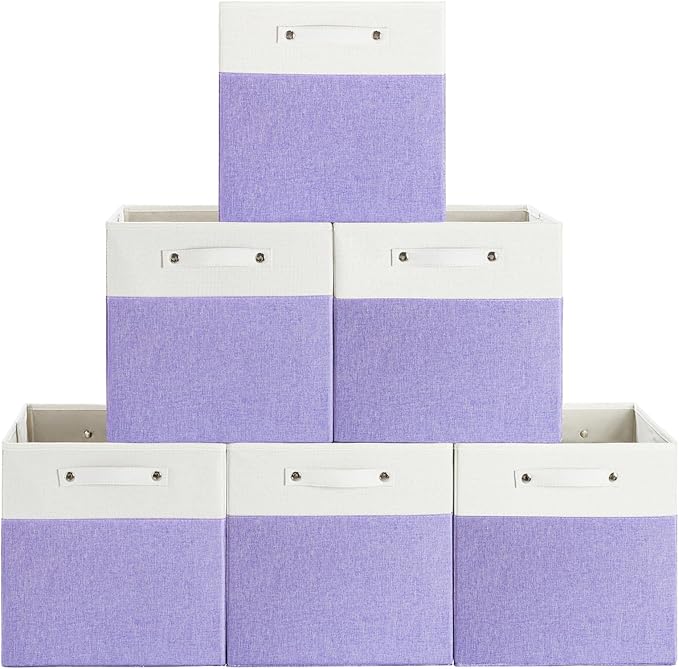 13 x 13 Inch Fine Linen Storage Bins with Handles，Fabric Cube Boxs，Collapsible Basket Organizers for Shelves for Home, Closet Drawers (White/Purple-6 Pack)