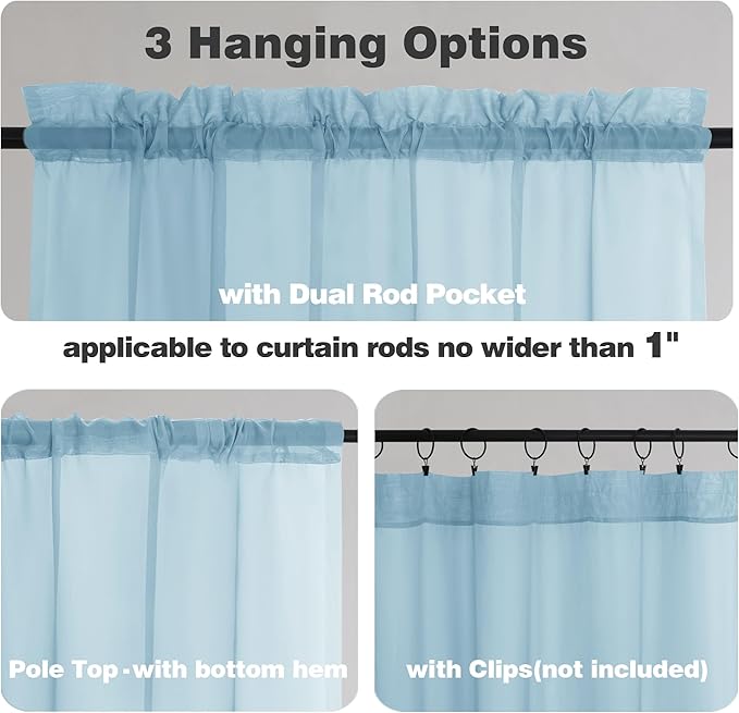 Chyhomenyc Sheer Sky Blue Tier Curtains 24 Inch Length, Small Window Curtains Treatment for Bathroom Living Room Basement, Short Rod Pocket Cafe Curtain, 42W x 24L Inches, 2 Panels