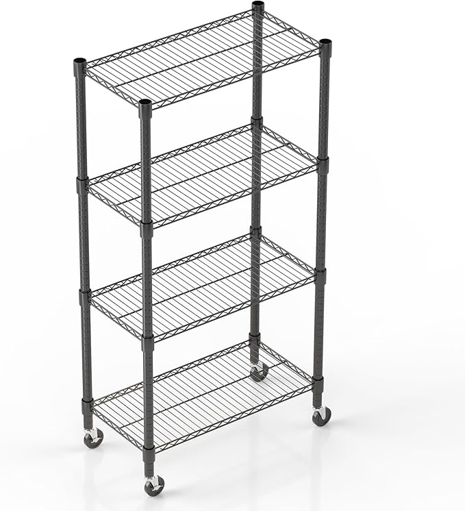 Himimi 72" H Wire Shelving Unit Storage, Metal Storage Shelves with Wheels, Heavy Duty Shelves with 4-Tier Adjustable Layer Rack Strong Steel for Kitchen Pantry Basement, 14" D×30" W×72" H, Black