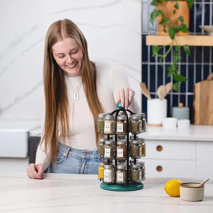 Orii Adrinova 24 Jar Revolving Spice Rack with Spices Included, Spice Organizer for Kitchen Countertop, Black & Green