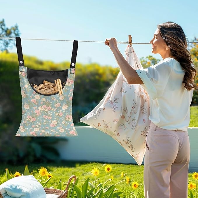 Clothes Pin Hanging Bag with Big Opening Storage Clothes Pins & Mini Clothespins Fits Retractable Clothes Line Outdoors - Flowers Pink