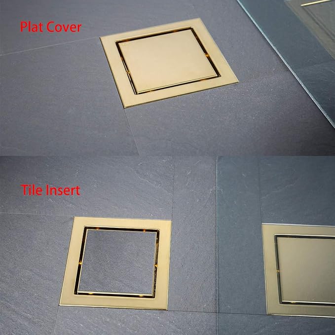 RANDOM Brushed Gold Shower Drain Square 6 inch SUS304 Stainless Steel Shower Floor Drain with Hair Strainer Tile Insert Shower Drain Cover