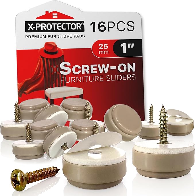 Chair Glides X-PROTECTOR – 16 PCS 1" Furniture Glides – Screw-On Chair Sliders – Premium Chair Leg Floor Protectors – Slide Furniture Effortlessly on All Floor Types with Small Furniture Sliders!