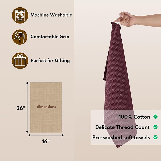 Native Fab Cotton Kitchen Towel with Hanging Loop 16x26 inches, 4-Pack, Waffle Weave Kitchen Towels for Cleaning Drying, Washcloths Soft & Absorbent Cloth Rags, Bar Towel, Dish Cloth, Burgundy Wine