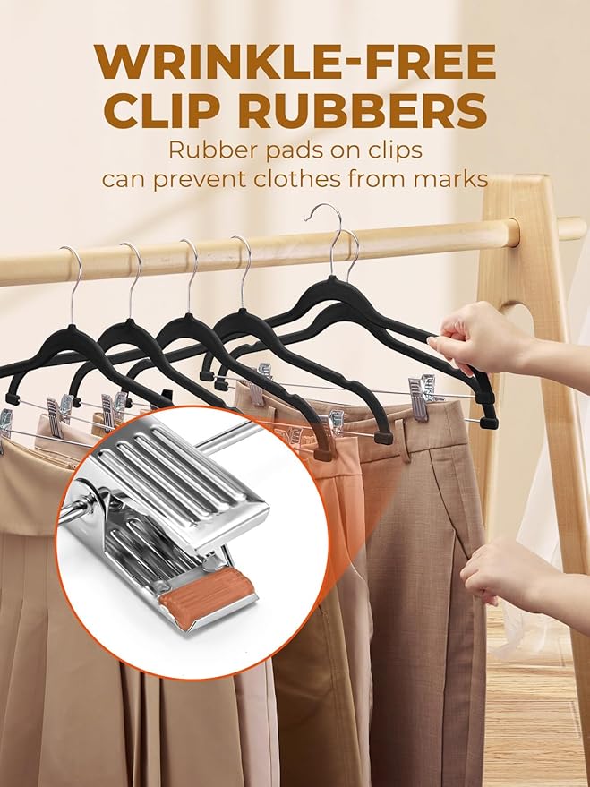HOUSE DAY Velvet Skirt Hangers 24 Pack, Black Velvet Pant Hangers with Adjustable Clips, Space Saving Slim Shorts Hanger, Heavy Duty Non Slip Clip Hanger for Pants, Skirts, Shorts