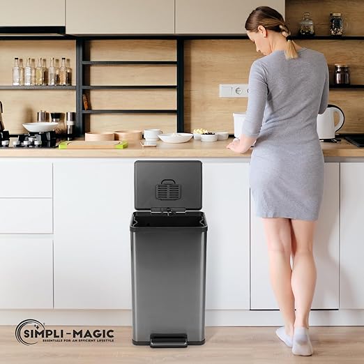 SIMPLI-MAGIC 13.2 Gallon (50L) Step Trash Can – Kitchen Garbage Can with Slow-Close Lid – Odor Control, Hands-Free, Easy to Clean, Brushed Stainless Steel