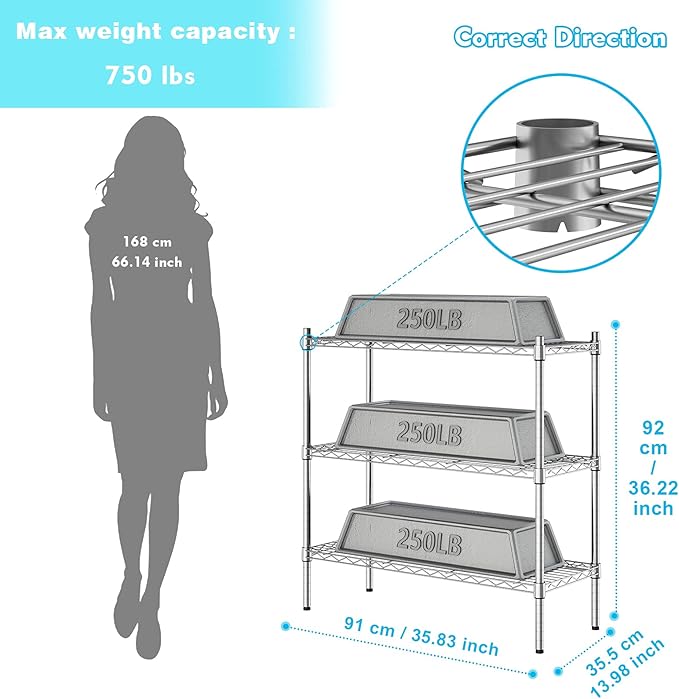 Auslar 3-Shelf Storage Wire Shelves Heavy Duty 3 Tiers Standing Shelving Units Adjustable Metal Organizer Wire Rack, Chrome