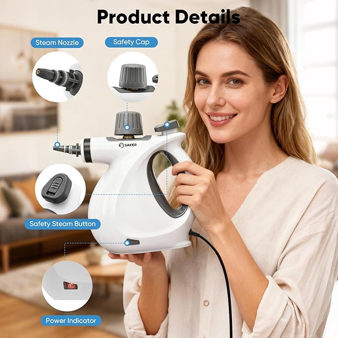 Saker Handheld Steam Cleaner New,Portable Steam Cleaner for Home,1050W Steam Cleaner,5 Fiber Cloths for Quick Heating & Deep Cleaning of Floors, Cars, and Kitchen