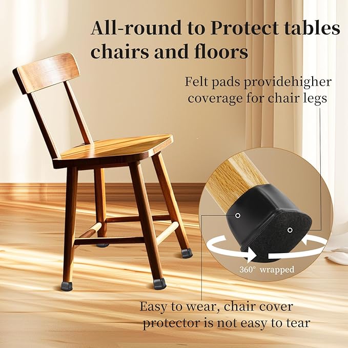 Square Chair Leg Floor Protectors Large 24Pcs,Silicone Chair Leg Protectors for Hardwood Floors/Tiles,Black 360°Wrapped Felt Bottom to Prevent Scratch and Reduce Noise