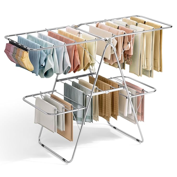 APEXCHASER Clothes Drying Rack with 4 Wings, Stainless Steel Drying Rack Clothing with Sock Clips, Metal Connectors, Height-Adjustable, Foldable Laundry Drying Rack, Indoor Outdoor Use, No Assembly