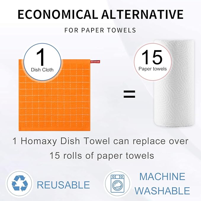 Homaxy 100% Cotton Terry Kitchen Dish Cloths, Ultra Soft and Absorbent Dish Towels for Kitchen, Perfect for Drying and Washing Dishes, 8 Pack, 12 x 12 Inches, Orange
