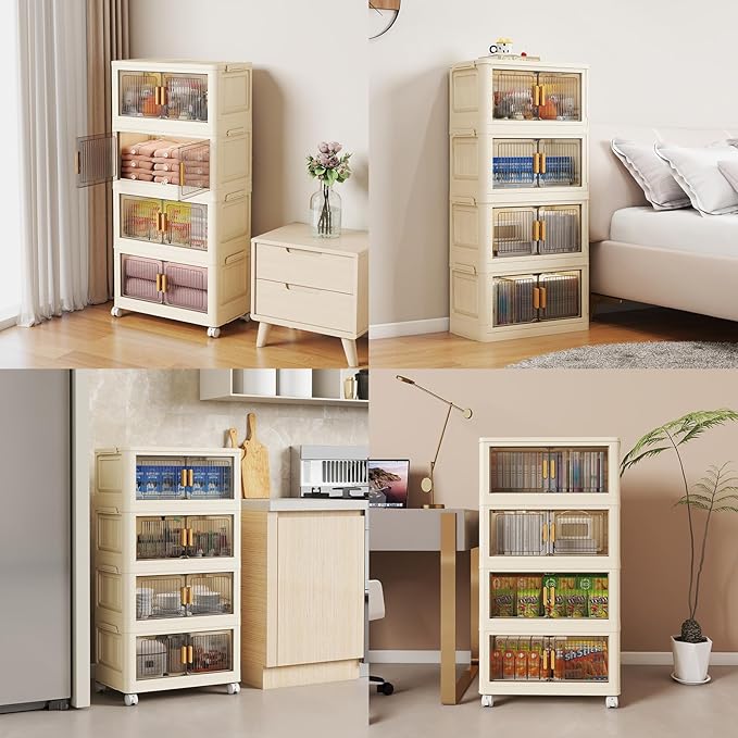 4 Tier Stackable Plastic Storage Bins with Lids 48QT, Collapsible Closet Organizers and Storage with Wheels for Living Room,Office,Dorm