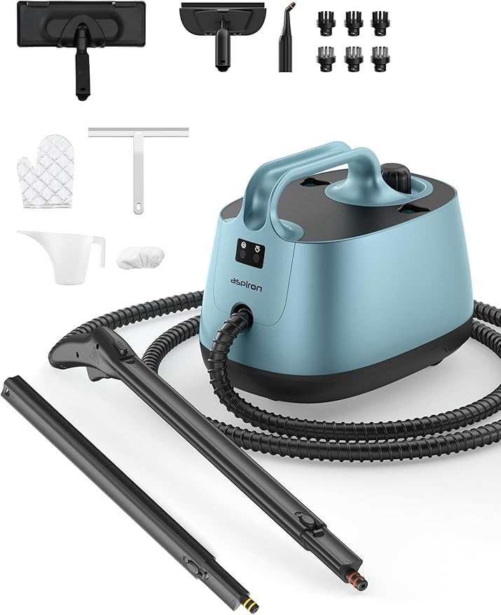Steamer for Cleaning, Aspiron Multipurpose Portable Canister Steamer with 21 Accessories, Chemical-free, Steam Cleaner Carpet and Upholstery Floors Car Kitchen Tiles, 1.5L Capacity