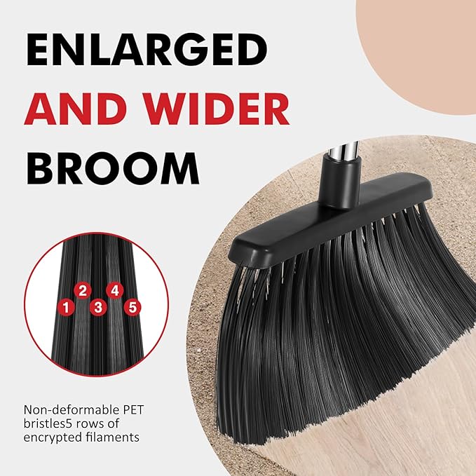 NACENA Heavy Duty Broom, 55 Inch Long Handle Outdoor Large Angle Brooms, Commercial Broom for Sweeping Indoor, for Home Garage Kitchen Office Courtyard Lobby Patio Lawn Concrete, 2 Pack, Black