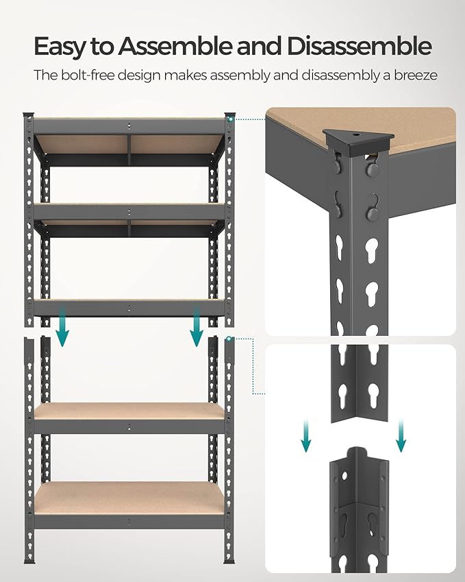 SONGMICS 5-Tier Storage Shelves, Load 2310 lb, Set of 2 Garage Storage, Boltless Assembly, Adjustable Shelving Unit, 11.8 x 29.5 x 59.1 Inches, for Study Shed Basement, Gray UGLR300G02