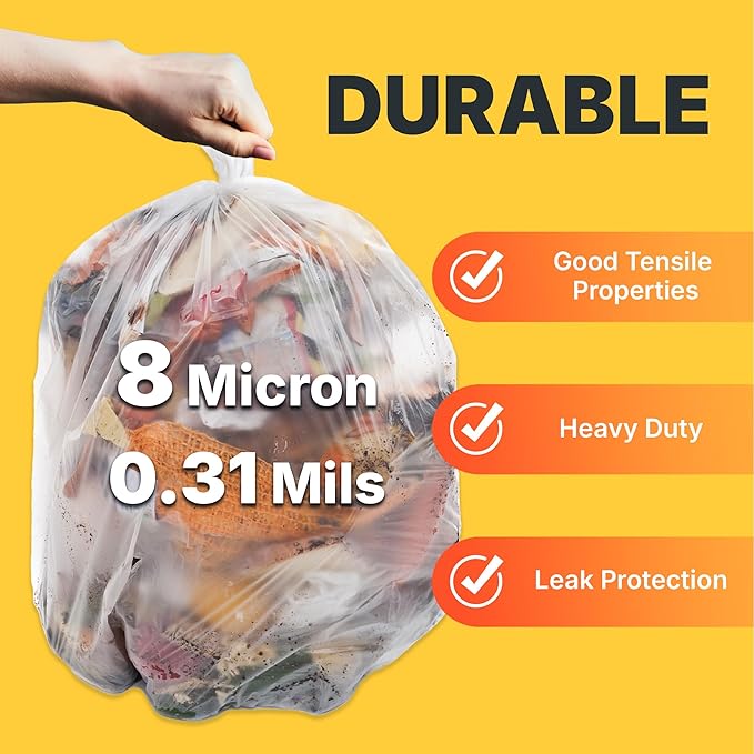 7-10 Gallon Trash Bags, 8 Micron High Density Garbage Can Liners Bulk, 24" x 24", Natural Clear, 1000 Count