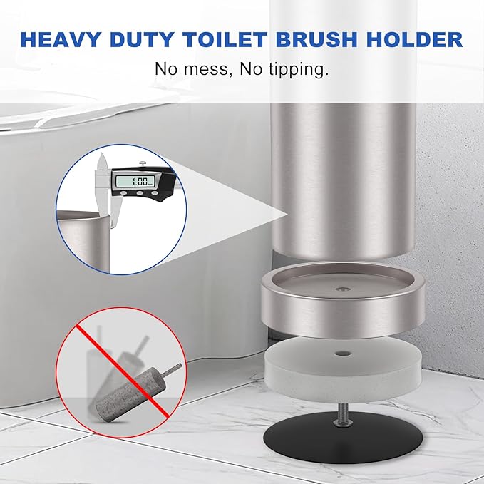 Brushed Nickel Toilet Brush and Holder Set, 304 Stainless Steel Toilet Brush for Bathroom, Heavy Duty Toilet Bowl Brush with Holder, Removable Inner Bowl and Splash Protection, Long Handle