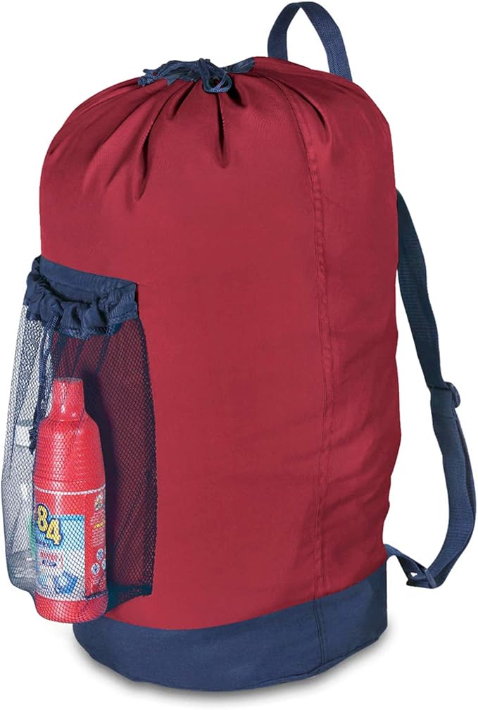 Dalykate Backpack Laundry Bag, Laundry Backpack with Shoulder Straps and Mesh Pocket Durable Nylon Clothes Hamper Bag with Drawstring Closure Red