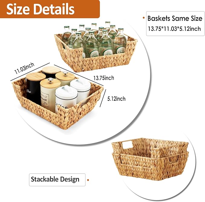 Water Hyacinth Wicker Basket 2 Pack With Handles - Pantry Storage and Organization, Handmade Large Natural Baskets for Organizing