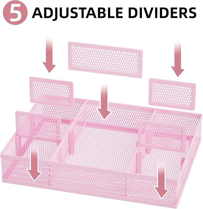 Marbrasse 2 Pack Desk Drawer Organizer, Mesh Drawer Organizer Tray with 8 Adjustable Compartments, Desk Organizers and Accessories, 5 Dividers Drawer for Office Supplies, Makeup & Vanity (Pink)