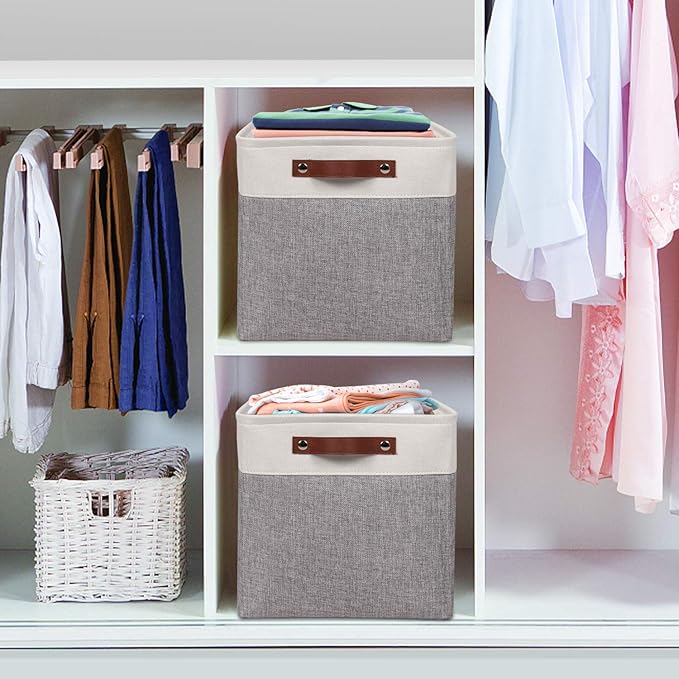 Univivi 10.5 Inch Fabric Cube Bins with Hard Bottom, 4 Pack Storage Baskets with PU Handles for Shelves Closet Foldable Storage Bins for Organizing (Gray,10.5" x 10.5" x 11")