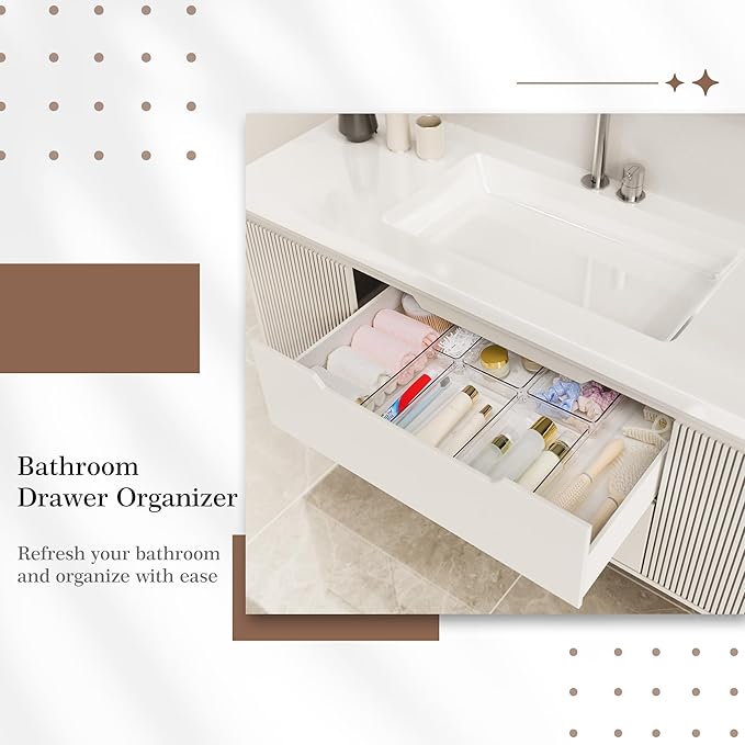 Criusia 14 PCS Clear Plastic Drawer Organizer Set - 5 Large Size Versatile Kitchen and Bathroom Organizer Trays, Non-Slip Storage Bins for Makeup, Utensils, Tool and Office Desk